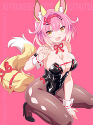  :3 :d absurdres animal_ear_fluff animal_ears argyle_cutout arm_strap black_leotard black_pantyhose blonde_hair bow bowtie breasts cleavage clothing_cutout covered_navel detached_collar dutch_angle female fox_ears fox_girl fox_tail gradient_hair hand_up high_heels highres kneeling large_breasts leotard looking_at_viewer multicolored_hair oerba_yun_fang open_mouth original pantyhose pink_background pink_hair ribbon_trim shiny_skin short_hair slit_pupils smile solo strapless strapless_leotard tail text_background v-shaped_eyebrows wanaca wrist_cuffs yellow_eyes 