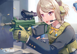  acog cbj-ms commission english_commentary female firing gloves gun headset highres hiroki_ree love_live! love_live!_nijigasaki_high_school_idol_club nakasu_kasumi nijigasaki_school_uniform school_uniform scope shell_casing submachine_gun tongue tongue_out upper_body vest weapon 