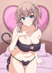  bare_shoulders bed black_bra black_panties boku_to_kanojo_no_onani_life bow bow_panties bra breasts brown_hair cat_cutout cat_ear_panties cat_lingerie cat_tail cleavage cleavage_cutout closed_mouth clothing_cutout collarbone commentary fake_tail female frilled_bra frills green_eyes hair_ornament hairclip hand_on_own_chest heart indoors kneeling large_breasts leaning_forward light_blush lingerie looking_at_viewer medium_hair meme_attire naomi_(boku_to_kanojo_no_onani_life) navel on_bed one_side_up paid_reward_available panties pillow school_uniform second-party_source side-tie_panties smile solo strapless strapless_bra tail thigh_gap tomatology3 underwear underwear_only yumehiko 