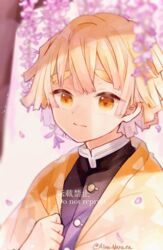  1boy agatsuma_zenitsu black_shirt blonde_hair demon_slayer_uniform flower frown hand_on_own_chest haori jacket japanese_clothes kimetsu_no_yaiba looking_at_viewer male_focus print_jacket purple_flower shirt sidelocks solo thick_eyebrows tree triangle_print wata_ramune wisteria yellow_eyes yellow_jacket 