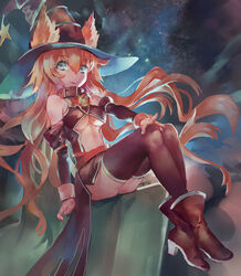  :d animal_ears ankle_boots azomo bare_shoulders bell belt_collar blue_eyes boots breasts brown_thighhighs collar commentary crossed_legs detached_sleeves ears_through_headwear female floating_hair fox_ears hat high_heel_boots high_heels highres jingle_bell legs_together long_hair long_sleeves looking_at_viewer medium_breasts neck_bell open_mouth orange_hair original sitting sky smile solo star_(sky) starry_sky teeth thighhighs underboob upper_teeth_only very_long_hair witch_hat 