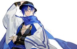  1boy aiguillette black_hat blue_eyes blue_hair blue_scarf bokyo bracelet commentary dated fedora hand_on_headwear hands_up hat highres jacket japanese_clothes jewelry kaito_(vocaloid) looking_at_viewer male_focus nail_polish ooedo_julia_night_(vocaloid) ring scarf smile solo symbol-only_commentary vocaloid white_background white_jacket wide_sleeves 