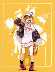  animal_ears baseball_cap black_jacket blonde_hair blue_eyes bokkusu dog_ears dog_tail female hat jacket kmnz long_hair looking_at_viewer mc_lita open_clothes open_jacket open_mouth shoes smile sneakers solo tail virtual_youtuber 