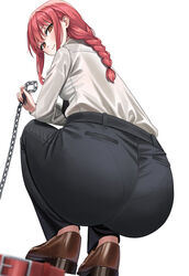  absurdres ass bad_id bad_twitter_id black_pants blush braid braided_ponytail brown_footwear chains chainsaw_man closed_mouth collar female highres holding long_hair looking_at_viewer makima_(chainsaw_man) medium_hair pants pantylines red_collar red_hair shirt shirt_tucked_in shocho shoes simple_background smile solo squatting white_background white_shirt yellow_eyes 