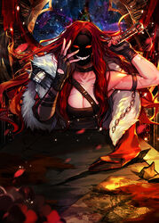  armor black_gloves black_mask blood breasts cape cha_heera chains cleavage eu_(euspia) female fingerless_gloves fur-trimmed_cape fur_trim gloves holding holding_weapon korean_commentary large_breasts long_hair looking_at_viewer mask novel_illustration official_art red_hair regressor&#039;s_instruction_manual sharp_teeth single_bare_shoulder solo sword sword_on_back teeth variant_set weapon weapon_on_back 