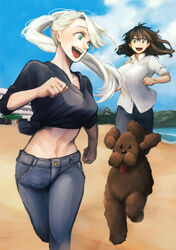  2girls :d beach black_hair blue-framed_eyewear blue_eyes blue_sky brown_eyes canine cloud collared_shirt commentary_request day denim genderswap_(mtf) glasses jeans jewelry katsuki_yuuri makkachin midriff mikatsuki_rinko multiple_girls open_mouth outdoors pants ponytail ring rule_63 running shirt sky smile viktor_nikiforov water white_hair yuri!!!_on_ice 