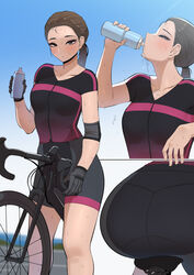  absurdres ah-lyong_lee ass bicycle bike_shorts black_gloves black_shirt black_shorts blue_sky blurry blurry_background breasts brown_eyes brown_hair crotch_seam day drinking elbow_pads feet_out_of_frame female from_side gloves hair_tie hand_up highres knees long_hair looking_at_viewer medium_breasts mixed-language_commentary multiple_views original outdoors ponytail profile riding riding_bicycle road_bicycle shirt short_sleeves shorts skin_tight sky spilling sweat water wet 