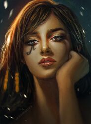  artist_name backlighting brown_eyes chin_rest dark_skin eye_of_horus face facial_tattoo female hair_tubes lips lipstick makeup nose overwatch pharah_(overwatch) portrait realistic seonmuriya side_braids solo tattoo thick_eyebrows 