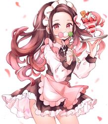  apron brown_hair collared_shirt commentary cowboy_shot dango dress female food food_in_mouth frilled_apron frilled_dress frills fruit glass gradient_hair hair_ribbon holding holding_spoon holding_tray kamado_nezuko kimetsu_no_yaiba long_sleeves looking_at_viewer maid maid_headdress mouth_hold multicolored_hair parfait petals pink_apron pink_eyes pink_ribbon puffy_long_sleeves puffy_sleeves ribbon sanshoku_dango shirt simple_background sleeve_cuffs solo spoon strawberry strawberry_parfait sweets_paradise tray twitter_username wafer wagashi waist_apron wata_ramune whipped_cream white_background white_shirt 