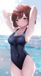  absurdres arms_behind_head black_one-piece_swimsuit blue_archive breasts brown_hair competition_swimsuit cosplay covered_navel cowboy_shot female highleg highleg_swimsuit highres higuchi_madoka horizon idolmaster idolmaster_shiny_colors low_ponytail medium_breasts mole mole_under_eye multicolored_clothes multicolored_swimsuit ocean one-piece_swimsuit shiroko_(blue_archive) shiroko_(blue_archive)_(cosplay) shiroko_(swimsuit)_(blue_archive) short_hair solo swept_bangs swimsuit usagi_(786113654) 