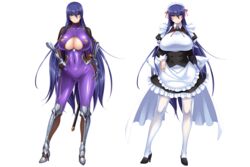  akiyama_rinko aoi_nagisa_(metalder) archived_source armor blue_hair blush bodysuit breasts cleavage cleavage_cutout clothing_cutout covered_navel female fishnets full_body hand_on_own_hip highres huge_breasts long_hair looking_at_viewer maid multiple_views ninja purple_bodysuit purple_eyes smile standing sword taimanin_(series) taimanin_yukikaze thighhighs transparent_background underboob very_long_hair weapon 