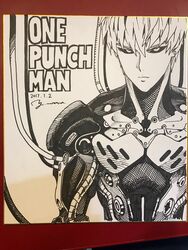  1boy absurdres android black_sclera cable closed_mouth colored_sclera dated earrings genos greyscale highres jewelry jitome looking_at_viewer male_focus monochrome murata_yuusuke official_art one-punch_man photo_(medium) robot short_hair signature solo traditional_media upper_body 