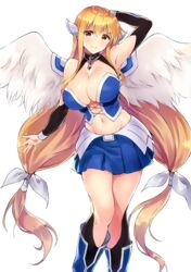  &gt;:) absurdres angel angel_wings arm_behind_head armpits astraea_(sora_no_otoshimono) black_sleeves black_socks blonde_hair blue_footwear blue_skirt boots breasts broken broken_chain bustier center_opening chains cleavage collar commentary_request detached_sleeves feathered_wings female head_wings highres kneehighs large_breasts long_hair low_twintails midriff miniskirt momihige navel pleated_skirt red_eyes skirt smile socks solo sora_no_otoshimono twintails v-shaped_eyebrows very_long_hair white_background white_wings wings 