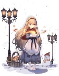  apron ark_order basket black_bow blonde_hair blue_dress bow capelet dress female fire frilled_apron frills lamppost little_match_girl little_match_girl_(ark_order) long_hair matches official_art patch red_capelet snow snowman socks solo standing stuffed_animal stuffed_toy teddy_bear torn_clothes torn_socks transparent_background variant_set very_long_hair white_apron white_socks yellow_eyes you_ni_ge_shaobing 