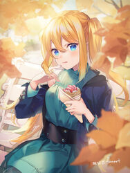  aizawa_hikaru autumn_leaves bare_shoulders belt bench black_belt blonde_hair blue_eyes blue_jacket blurry blurry_background campaign_girl commentary_request crepe depth_of_field dress female food food_on_hand fruit green_dress hair_between_eyes hands_up holding holding_food jacket licking_lips long_hair microsoft off_shoulder on_bench open_clothes open_jacket park_bench shinia silverlight sitting sleeveless sleeveless_dress solo strawberry tongue tongue_out twintails very_long_hair 