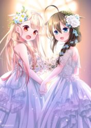  2girls ahoge blonde_hair blue_eyes blue_flower blush braid brown_hair commentary_request commission dress flower hair_between_eyes hair_flaps hair_flower hair_ornament hair_ribbon holding_hands interlocked_fingers kantai_collection long_hair multiple_girls nagasioo oerba_yun_fang open_mouth red_eyes ribbon shigure_(kancolle) shigure_kai_ni_(kancolle) single_braid skeb_commission wedding_dress white_dress white_flower yuudachi_(kancolle) yuudachi_kai_ni_(kancolle) 