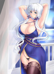  armpits arms_behind_head arms_up azur_lane balcony bare_shoulders black_panties blue_dress blue_eyes blue_sky blush breasts brown_thighhighs cleavage closed_mouth collarbone curtains dress female halter_dress halterneck huge_breasts illustrious_(azur_lane) illustrious_(never-ending_tea_party)_(azur_lane) kirisaki_byakko long_hair looking_at_viewer ocean official_alternate_costume panties pantyshot photoshop_(medium) sash sidelocks sky smile solo thighhighs thighs tri_tails underwear white_hair 