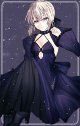  absurdres artoria_pendragon_(fate) black_footwear black_skirt braid breasts cleavage closed_mouth collarbone crown_braid fate/stay_night fate_(series) female framed frilled_sleeves frills grey_background grey_hair hair_between_eyes highres long_skirt long_sleeves looking_at_viewer mitorine0310 purple_shirt purple_skirt purple_sleeves saber_alter shirt short_hair shrug_(clothing) sidelocks skirt sleeveless sleeveless_shirt small_breasts solo yellow_eyes 