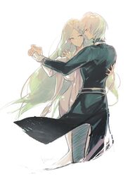  1boy byleth_(fire_emblem) byleth_(male)_(fire_emblem) commentary_request couple dancing dress female fire_emblem fire_emblem:_three_houses green_eyes green_hair happy holding_hands hug long_hair rhea_(fire_emblem) smile straight white_dress wide_hips yomusugara_(uzo-muzo) 