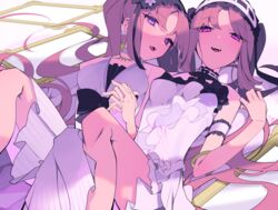  2girls :d absurdres bare_shoulders breasts choker commentary_request dress euryale_(fate) euryale_(third_ascension)_(fate) fate/hollow_ataraxia fate_(series) frills hairband highres holding_hands jewelry kania lolita_hairband long_hair looking_at_viewer lying mirror multiple_girls necklace on_back open_mouth purple_eyes purple_hair siblings sisters smile stheno_(fate) teeth twintails very_long_hair 