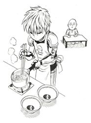  2boys absurdres android apron bald barefoot black_sclera bowl cape chopsticks closed_mouth colored_sclera cooking earrings genos greyscale highres holding holding_chopsticks indian_style jewelry kotatsu male_focus mechanical_arms monochrome multiple_boys murata_yuusuke official_art one-punch_man pot saitama_(one-punch_man) scan simple_background sitting smile table traditional_media white_background 