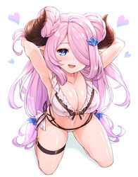  bikini blue_eyes blush braid breasts collarbone commentary_request draph female from_above gloves granblue_fantasy hair_ornament hair_over_one_eye heart highres horns large_breasts light_purple_hair long_hair looking_at_viewer narmaya_(granblue_fantasy) narmaya_(summer)_(granblue_fantasy) official_alternate_costume open_mouth pointy_ears smile solo swimsuit tomo_(tmtm_mf_mf) white_bikini 