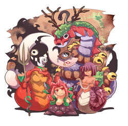  2girls bob_cut boitata breasts brown_hair chinese_clothes cleavage closed_mouth commentary_request demon emon-yu evil_snake_lord full_body guan_hat isis_(ragnarok_online) lamia long_hair looking_at_viewer medium_breasts medusa_(ragnarok_online) mian_guan monster monster_girl multiple_girls naga_(ragnarok_online) navel polearm ragnarok_online red_eyes short_hair side_winder smile snake snake_hair trait_connection trident weapon white_background yellow_eyes 