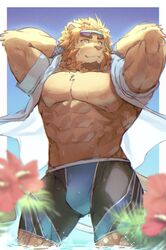  1boy abs animal_ears arm_behind_head bara birry bulge commentary_request eyewear_on_head facial_hair flower furry furry_male goatee highres indie_virtual_youtuber kinji_ninomiya large_pectorals lion_boy lion_ears lion_tail looking_at_viewer male_focus male_swimwear pectorals smile swim_trunks tail virtual_youtuber water wet 