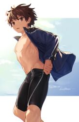  1boy backlighting bare_pectorals black_male_swimwear brown_eyes brown_hair bulge chromatic_aberration day from_side highres hip_bones jacket jammers looking_at_viewer male_focus male_swimwear navel nayoshi_(r-744) nipples open_clothes open_jacket open_mouth original outdoors outside_border pectorals short_hair solo spiked_hair standing sunlight track_jacket 