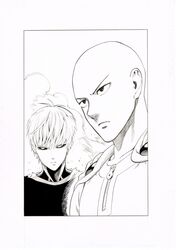  2boys absurdres bald black_sclera bodysuit border cape closed_mouth colored_sclera earrings genos greyscale highres jewelry male_focus monochrome multiple_boys murata_yuusuke official_art one-punch_man saitama_(one-punch_man) sanpaku scan short_hair traditional_media white_border 