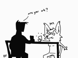  2_frame_animation 4:3 animated anon anthro beverage black_and_white canid canine canis chair clothed clothing coffee deltav duo english_text epilepsy_warning eyewear female furniture glasses human humanoid lynn_(deltav) mammal monochrome short_playtime signature table text wolf 