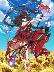  :o bad_source bare_shoulders black_hair blue_sky braid breasts clam_shell clenched_hand dress dress_flower female field fire floating_hair flower flower_field food_fantasy full_body gold_trim gradient_hair hair_between_eyes hair_flower hair_ornament hanagata high_heels high_ponytail highres holding holding_staff layered_dress long_hair looking_at_viewer low_twintails magic medium_breasts multicolored_hair official_art outdoors outstretched_arm overskirt pale_skin pink_footwear purple_eyes purple_fire red_dress red_flower red_rose rose shawl sky sleeveless sleeveless_dress solo spanish_paella_(food_fantasy) staff standing sunflower sunflower_field third-party_source twintails v-shaped_eyebrows very_long_hair 