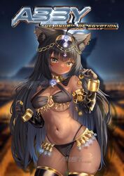  animal_ears bad_facebook_id bad_id black_hair breasts closed_mouth dark-skinned_female dark_skin egyptian_clothes female fox_ears gloves headband highres long_hair navel original shinu_chan solo thighhighs yellow_eyes 