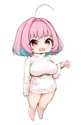  ahoge blue_hair blush breasts chibi female full_body hair_intakes idolmaster idolmaster_cinderella_girls long_sleeves looking_at_viewer moru_(monaka) multicolored_hair no_nose no_pants oerba_yun_fang open_mouth pink_eyes pink_hair ribbed_sweater simple_background skin_fang sleeves_past_wrists solo standing sweater tareme thick_thighs thighs two-tone_hair white_background yumemi_riamu 