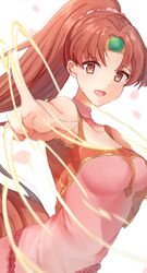  bare_shoulders brown_eyes brown_hair choker circlet collarbone edamameoka female fire_emblem fire_emblem:_mystery_of_the_emblem highres index_finger_raised linde_(fire_emblem) long_hair petals pink_robe pointing pointing_at_viewer ponytail robe smile solo spell very_long_hair 