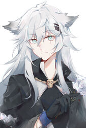  absurdres animal_ears arknights black_coat black_gloves chinese_commentary closed_mouth coat female flower gemi_25 gloves grey_eyes grey_hair hair_between_eyes hair_ornament hairclip highres holding holding_flower jewelry lappland_(arknights) lappland_(refined_horrormare)_(arknights) long_hair looking_at_viewer necklace official_alternate_costume rose sample_watermark scar scar_across_eye simple_background skull_necklace slit_pupils smile solo upper_body watermark white_background white_flower white_rose wolf_ears 