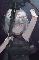  arm_behind_head armpits arrow_(projectile) bare_shoulders black_gloves black_ribbon blush breasts commentary_request crossbow female gloves grey_hair hair_over_one_eye hair_ribbon holding holding_crossbow holding_weapon oota_youjo original purple_eyes quiver ribbon short_hair sleeveless solo weapon 