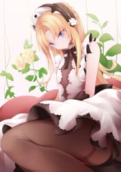  absurdres azur_lane blonde_hair blue_eyes brown_pantyhose dress female flat_chest flower highres long_hair looking_at_viewer official_alternate_costume osatou_(soul_of_sugar) pantyhose rose see-through see-through_dress sleeveless sleeveless_dress solo thighband_pantyhose vanguard_(azur_lane) vanguard_(half-hearted_masquerade)_(azur_lane) white_dress white_flower white_rose 