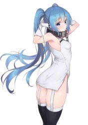  arms_behind_head ass bare_shoulders black_thighhighs blue_eyes blue_hair breasts broken broken_chain chains collar commentary_request covered_nipples dress female from_behind garter_straps gloves highres long_hair looking_at_viewer looking_back momihige nymph_(sora_no_otoshimono) robot_ears skindentation sleeveless sleeveless_dress small_breasts solo sora_no_otoshimono thighhighs thighs twintails very_long_hair white_background white_dress white_gloves 