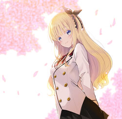  arm_behind_back black_ribbon black_skirt blazer blonde_hair blue_eyes blurry blurry_background blush bow breasts cherry_blossoms closed_mouth commentary_request dahlia_academy_boarding_school_uniform depth_of_field dutch_angle female flower hair_ribbon highres jacket juliet_persia kishuku_gakkou_no_juliet long_hair long_sleeves looking_at_viewer natsupa petals pink_flower pleated_skirt red_bow ribbon school_uniform skirt small_breasts smile solo striped striped_bow very_long_hair white_background white_jacket 