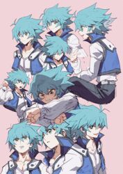  1boy aoki_(fumomo) aqua_hair clenched_hands clenched_teeth closed_eyes closed_mouth commentary_request duel_academy_uniform_(yu-gi-oh!_gx) flying_sweatdrops hair_between_eyes high_collar jacket johan_andersen long_sleeves male_focus multiple_views open_mouth pink_background simple_background spiked_hair sweat teeth white_jacket yu-gi-oh! yu-gi-oh!_gx 