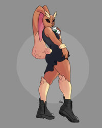  2022 4:5 absurd_res anthro ass black_dress_shirt black_nails boots breasts brown_body brown_fur butt_pose clothed clothing colored colored_nails digital_drawing_(artwork) digital_media_(artwork) drinking female footwear fur generation_4_pokemon hi_res lagomorph looking_at_viewer lopunny mammal nails nintendo pink_eyes pink_nose pokemon pokemon_(species) pose rodd.y simple_background solo tan_body tan_fur thick_thighs 