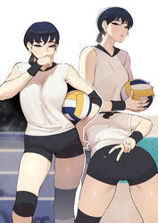  absurdres ah-lyong_lee arm_behind_back ass ball bent_over bike_shorts black_hair black_shorts blush commentary contrapposto earrings elbow_pads female from_behind hand_up highres holding holding_ball jewelry knee_brace knee_pads light_blush looking_at_viewer mixed-language_commentary multiple_views original ponytail shirt short_hair shorts sportswear standing sweat thighs volleyball volleyball_(object) volleyball_uniform white_shirt wiping_mouth wiping_sweat wristband 