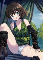  :o bare_shoulders black_gloves black_socks blue_eyes blue_sky blush bob_cut breasts bright_pupils brown_footwear brown_hair bug_bite camping cloud collarbone commentary elbow_gloves female fingerless_gloves foliage forest gendai_ninjakko_zukan gloves grass green_sash green_shirt highres japanese_clothes knee_up kouno_hikaru looking_at_viewer loose_socks nature no_pants on_ground open_mouth original panties pantyshot sash shirt short_hair sitting sky sleeveless sleeveless_shirt small_breasts socks solo spread_legs surprised tent tent_interior todoi_ruha tree underwear wavy_hair white_panties wide_spread_legs work_boots 