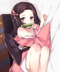  bamboo bare_shoulders bit_gag black_hair collarbone commentary_request female forehead gag hair_ribbon highres japanese_clothes kamado_nezuko kimetsu_no_yaiba kimono long_hair looking_at_viewer muyue pink_eyes pink_kimono pink_ribbon ribbon solo very_long_hair 