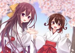  2girls alternate_costume blush cherry_blossoms commentary_request commission day hair_between_eyes hakama hakama_skirt japanese_clothes kamikaze_(kancolle) kantai_collection long_hair long_sleeves looking_at_viewer miko multiple_girls mutsuki_(kancolle) nagasioo open_mouth outdoors petals purple_eyes purple_hair red_eyes red_hair red_hakama short_hair skeb_commission skirt wide_sleeves 