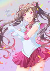  :d absurdres bishoujo_senshi_sailor_moon blurry blurry_foreground bow bowtie brown_hair choker commentary_request confetti cosplay crescent crescent_earrings earrings elbow_gloves female gloves happy happy_birthday highres idolmaster idolmaster_shiny_colors jewelry kazura_enji long_hair looking_at_viewer magical_girl miniskirt open_mouth pink_eyes pleated_skirt pointing sailor_collar sailor_moon sailor_moon_(cosplay) sailor_senshi_uniform short_sleeves skirt smile solo standing tsuki_ni_kawatte_oshioki_yo tsukioka_kogane white_gloves 