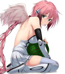  android angel angel_wings bare_back bare_shoulders black_sleeves boots breasts collar commentary_request detached_sleeves dress feathered_wings female food from_side fruit full_body gradient_hair green_eyes hair_between_eyes hair_ribbon highres hug ikaros large_breasts leaning_forward long_hair miniskirt momihige multicolored_hair pink_hair pleated_skirt red_ribbon ribbon robot_ears sideboob simple_background sitting skirt sleeveless sleeveless_dress solo sora_no_otoshimono thigh_boots thighhighs very_long_hair wariza watermelon white_background white_dress white_footwear white_skirt white_thighhighs white_wings wings 