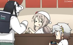  3girls =_= akishimo_(kancolle) alternate_costume animalization backpack bag bandana bear bear_girl brand_name_imitation brown_hair cellphone chikuma_(kancolle) commentary_request counter dated fate/grand_order fate_(series) food_delivery_box furry furry_female gradient_hair grey_hair hamu_koutarou highres insulated_delivery_bag kantai_collection low_ponytail multicolored_hair multiple_girls one-hour_drawing_challenge phone pola_(kancolle) polar_bear sakata_kintoki_(fate) sakata_kintoki_(heian_warrior_attire)_(fate) short_hair short_hair_with_long_locks smartphone sweater thick_eyebrows uber_eats wavy_hair white_sweater 