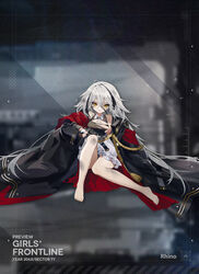  ahoge bare_shoulders barefoot black_coat black_dress black_gloves black_hair breasts character_name chiappa_rhino coat collar dirty dress female frilled_dress frills full_body girls&#039;_frontline gloves gun hair_between_eyes holding holding_gun holding_weapon legs long_hair long_sleeves looking_at_viewer medium_breasts multicolored_hair open_clothes open_coat parted_lips rhino_(girls&#039;_frontline) sitting skin_tight skindentation solo streaked_hair toes torn_clothes upskirt very_long_hair weapon white_dress white_hair yellow_eyes youamo 